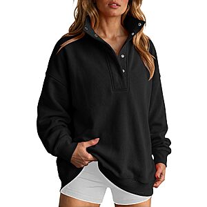 LOMON Sweatshirts for Women Button Mock Neck Pullover Tops Black, L $14.99 AC