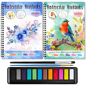 2-Piece 12-Page Elfew Beginners' Watercolor Workbooks + 2 Brushes and 12-Color Watercolor Set (Flowers and Animals) $8.49 + Free Shipping w/ Prime or on $35+