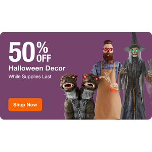 up to 50% off Halloween decorations, Home Depot, free pickup