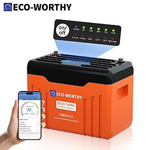 ECO-WORTHY 2560Wh 24V 100AH LiFePO4 Lithium Battery With SOC Display and Bluetooth $299.99 + Free Shipping