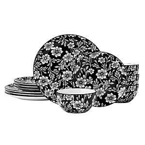 Pfaltzgraff Midnight Blooms 12 Piece Floral Stoneware Dinnerware Plate Bowl Dish Set, Service for 4 $36