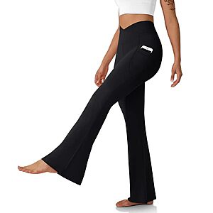 DLOODA Women's High-Waisted Crossover Flare Yoga Leggings w/ Pockets (XS-XXL, Various Colors) $9.99 + Free Shipping w/ Prime or on $35+