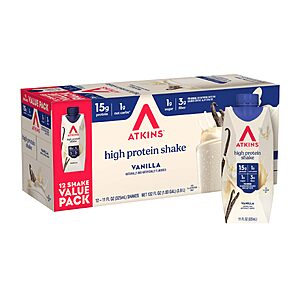 Atkins Vanilla High Protein Shake, 15g Protein, 12 Count | 15g Protein, 3g Fiber, 1g Net Carb, 1g Sugar, Vanilla Flavored, Keto Friendly, Ready to Drink, 12 Count | $10.63 w/S&S