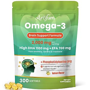 Arofum 2000mg Omega-3 Fish Oil Softgels w/ 1100mg DHA, 700mg EPA & 200mg Phosphatidylserine $8.99 + Free Shipping w/ Prime or on $35+