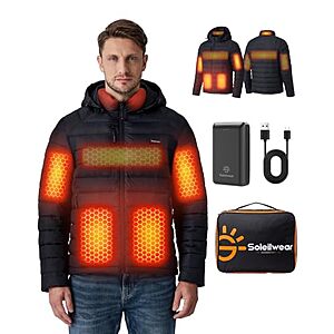 Soleilwear Men's Graphene Heated Puffer Jacket w/ 6 Heating Zones, 16000mAh Battery, Detachable Hood & Storage Bag (S-3XL) $75.99 + Free Shipping