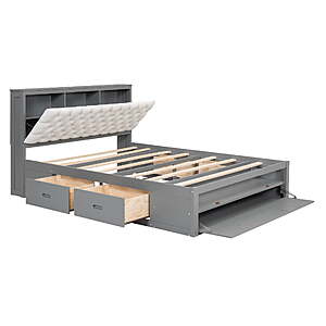 Euroco Wood Queen Platform Bed with Storage Headboard, Drawer and Shoe Cabinet for Living Room, Gray $378.2