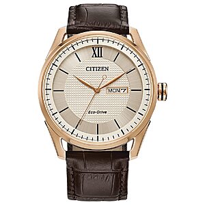 Citizen Men's Classic Eco-Drive Watch with 3-Hand Day and Date, Brown Leather Strap/ Rose Gold $211.84