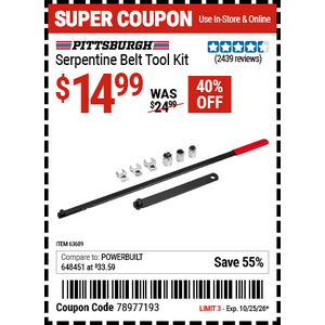 $14.99, 40% off, Harbor Freight, PITTSBURGH Serpentine Belt Tool Kit