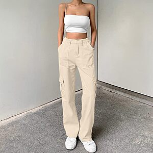 Lepunuo Cargo Pants Women Streetwear Casual Pants with Pockets High Waist Cargo Pants Women Baggy Jeans Beige $19.99