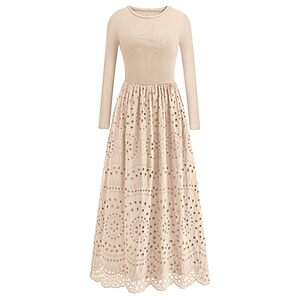 Dowerme Women's Long Sleeve Crewneck Eyelet A-Line Maxi Dress (Various) $19.99 + Free Shipping w/ Prime or on $35+