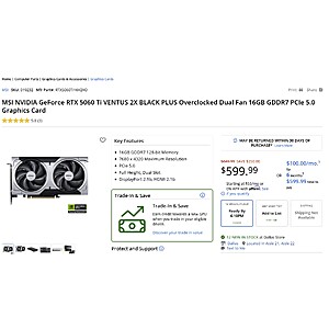 MSI NVIDIA GeForce RTX 5060 Ti VENTUS 2X 16GB $599.99 - Micro Center pickup only