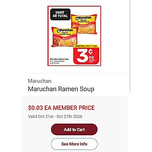 (Texas ONLY) Albertson/Tom Thumb/Randalls - 3oz Maruchan Instant Ramen Noodles $0.03ea Limit 48