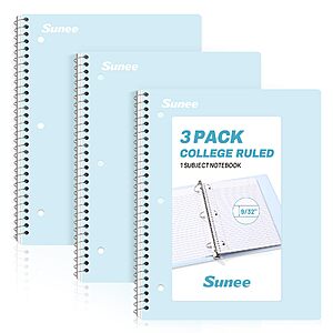 SUNEE Spiral Notebooks, 3 Pack, 1-Subject, College Ruled Paper, 8" x 10-1/2", 70 Sheets per Notebook, Blue $9.99