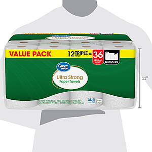 $19.97 FS WALMART+ or Pick Up Great Value Ultra Strong Paper Towels, 12 Triple Rolls