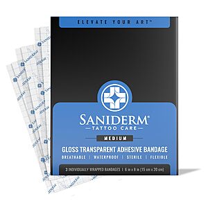 [S&S, AC] $11.86: Saniderm Tattoo Aftercare Bandage, 3 Sheets, 6 x 8 Inch Small Pack