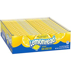 Arrives for Halloween Deal! 24 Ct $5.40 (or $4.25 ea wyb 3) or less AMAZON  Lemonhead Hard Lemon Candy, Tangy & Sweet, 0.8 oz Boxes,