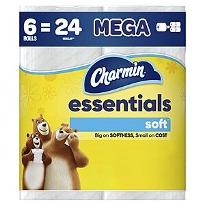 $5.22 or less S&S   Charmin Essentials Soft Toilet Paper 6 Mega = 24 Reg Rolls, 330 sheets per rol