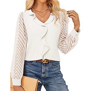 GRACE KARIN Womens Business Casual Tops Sheer Lace Long Sleeve Blouses Work Office Outfits Formal Dressy Shirt Ruffle V Neck, White, Medium $10.19