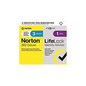 $8 WOOT FS (Digital Delivery) Norton - 360 (3 Device) with LifeLock Identity Advisor (1 Adult) Internet Security + Scam Protection + VPN (6 Month Subscription)