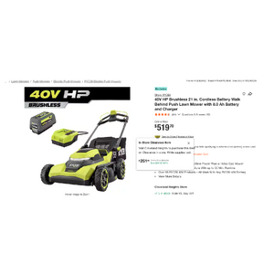 (RYOBI) 40V HP Brushless 21 in. Cordless Battery Walk Behind Push Lawn Mower with 8.0 Ah Battery and Charger $251.88