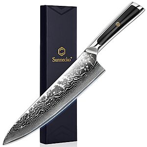 Sunnecko 8 Inch Japanese Damascus Chef Knife - Ultra Sharp VG10 Steel | 10-12 Degree Edge 67 Layers Kitchen Cooking Knives $44.99
