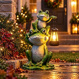 Lyeasw Solar Frog Garden Statue with Lantern, Outdoor Figurine Lights Decor | 2 Frogs Design, Lawn Patio Yard Ornament $14.99