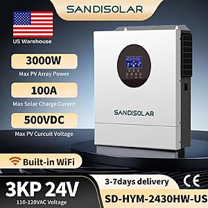 SANDISOLAR 3KW Hybrid Solar Inverter 110/120VAC Pure Sine Wave 24V MPPT 100A $215.2 + Free Shipping