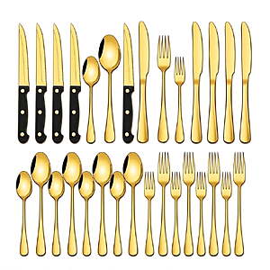 NULAS 24-Piece Gold Silverware Set, Stainless Steel Dishwasher Safe Flatware Set $13.99
