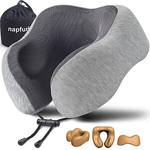 napfun Neck Pillow for Traveling, Upgraded Travel Neck Pillow for Airplane 100% Pure Memory Foam Travel Pillow for Flight Headrest Sleep -Grey $11.99