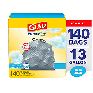 140-Count Glad ForceFlex 13-Gallon Tall Kitchen Drawstring Trash Bags (Febreze Fresh Clean Scent) $10.98 + Free Shipping w/ Walmart+ or on $35+