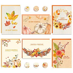 24-Count Thboxes 4"x6" Thanksgiving Greeting Cards w/ Envelopes & Stickers (6 Designs) $3.49 + Free Shipping w/ Prime or on $35+