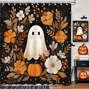 72" x 72" Mocsicka Halloween Ghost & Pumpkin Shower Curtain w/ Hooks $4.99 + Free Shipping w/ Prime or on $35+