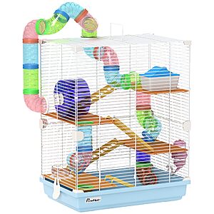 PawHut 18" 5 Tier Hamster Cage with Tubes and Tunnels, Small Animal Cage with Portable Carry Handle, Gerbil Cage with Water Bottle, Food Dish, Exercise Wheel, Light Blue