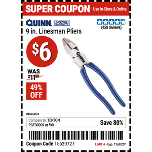 $6, 49% off, QUINN 9 in. Linesman Pliers, Harbor Freight