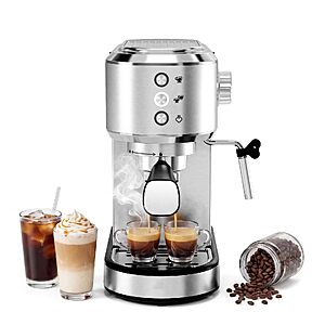 $59.99: KMFurnila 20-Bar Espresso Coffee Machine with Milk Frother, 1350W, NTC Temperature Control, 34oz Tank, Silver at Amazon