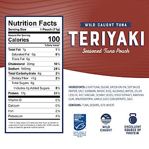 $10.06 or less S&S 10% clip Q: Bumble Bee Teriyaki Seasoned Tuna Pouch, 2.5 oz (Pack of 12)