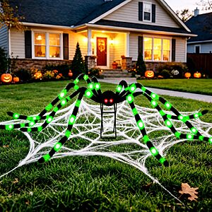 6.6 FT(Wide) Halloween Giant Black&Green Spider with 9'' Metal Stand, 36 Green LED Lights, 8 Modes Light-Up Large Spiders Outdoor Decorations