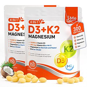 JME Core Vitamin D3 K2 10,000 IU Magnesium Supplement,300 Softgels, Non-GMO | D3 and K2 Supplement with MK‑7 200 mcg, Coconut Oil, Magnesium Glycinate & Malate, Zinc +