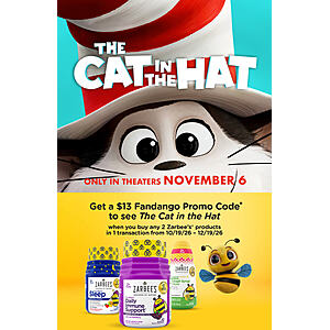Fandango Cat in the Hat Movie Promos: $5 off code for RealD 3D tix; Buy 2-Zarbees, get $13 reward