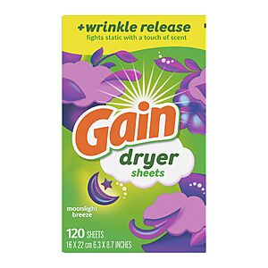 $13.40 S&S Multibuy 4 x Gain Dryer Sheets Plus Wrinkle Release, Moonlight Breeze Scent, 120 Count,  (480 sheets total)
