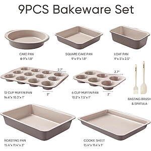 CAROTE 9-Piece Stackable Nonstick Bakeware Set, Includes Cookie Sheet, Muffin, Bread, Cake, Loaf & Roasting Pans, Gray & Khaki $29.98