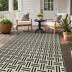 KUETH 6' x 9' Outdoor Rug Waterproof Camping Patio Rug Boho Geometric Reversible Outdoor Plastic Carpet for RV Balcony Picnic Porch, Black & Beige $19.99