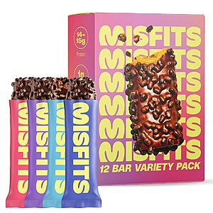 [S&S] Misfits Protein Bar Variety Pack | Nutrition Bars - 14-15g Protein, 1g Sugar, Plant-based, Low Carb, Non-GMO, Gluten Free Snacks  Pack of 12 $21.32