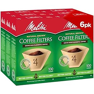 [SnS] $15.62* | 6-Pk 100-Ct Melitta #4 Microfine Perforation Coffee Filter (Natural Brown Cone) at Amazon