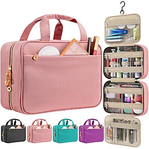 Travel Toiletry Bag for Women, Hanging Makeup Organizer Clear Pockets | Large Hanging Travel Organizer with Compartments, Front Pocket, (Pink, Medium)