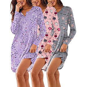 Ekouaer Women's 3 Pack Cotton Nightgowns Long Sleeve Sleep Shirts Sleepwear $24.99