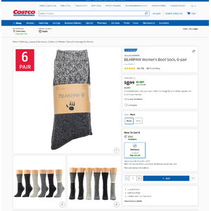 [Costco Members] - BEARPAW Women's Boot Sock, 6-pair $8.99