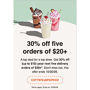 30% off five orders of $20+