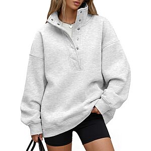Trendy Queen Womens Oversized Sweatshirts with Snap Button Henley Collar | Soft Fleece Pullover with Pockets Tops Fall Winter Clothes 2026 Cute Fashion Outfits $19.99
