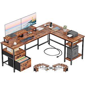 Furologee 66'' L Shaped Desk with Power Outlet and 2 Drawers, Rustic Brown $99.99